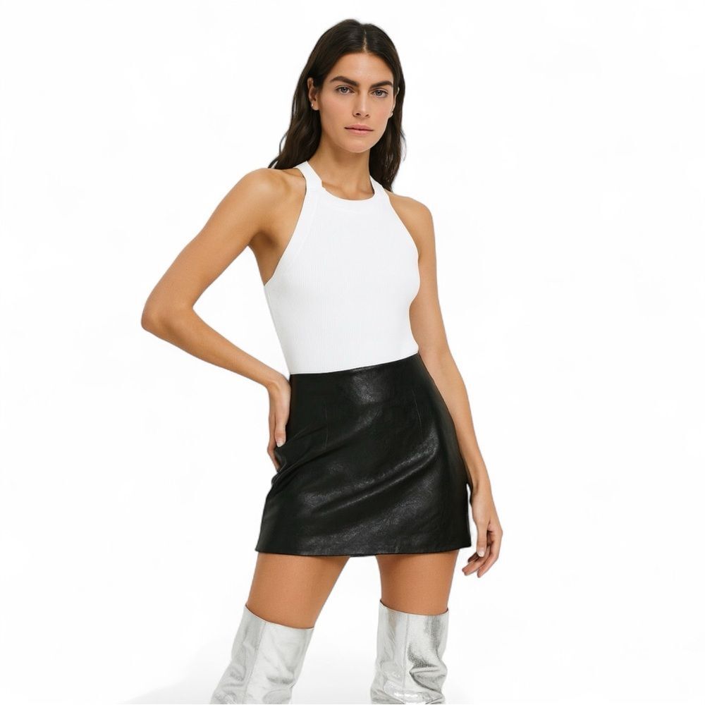 SNDYS White Ribbed High Neck Racer Bodysuit Size S Sleeveless Stretch Minimalist
